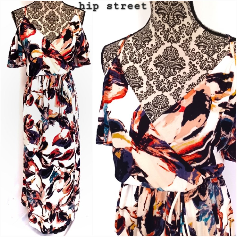 BAR III Cold Shoulder Flutter Sleeve Fold Over Skirt Crepe Floral Maxi Dress XS